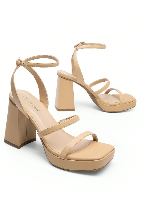 Rhinestone Platform Heeled Sandals Fashionable Square Open Toe Chunky