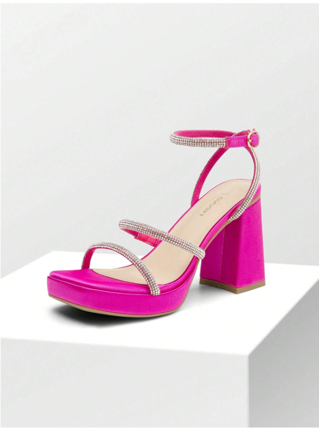 Rhinestone Platform Heeled Sandals Fashionable Square Open Toe Chunky