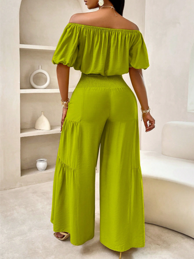 Summer Beach Vacation Style One-Shoulder Puff-Sleeved Ruffled Strapless Crop Top & Wide Leg Pants Set For Summer