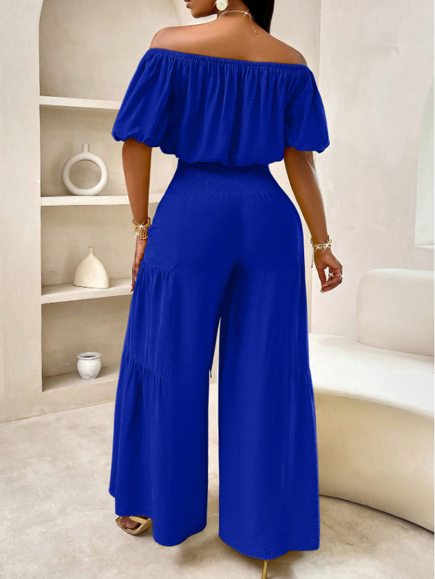 Summer Beach Vacation Style One-Shoulder Puff-Sleeved Ruffled Strapless Crop Top & Wide Leg Pants Set For Summer