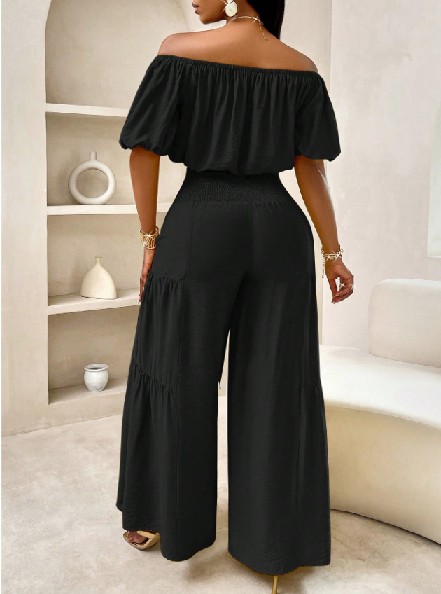 Summer Beach Vacation Style One-Shoulder Puff-Sleeved Ruffled Strapless Crop Top & Wide Leg Pants Set For Summer