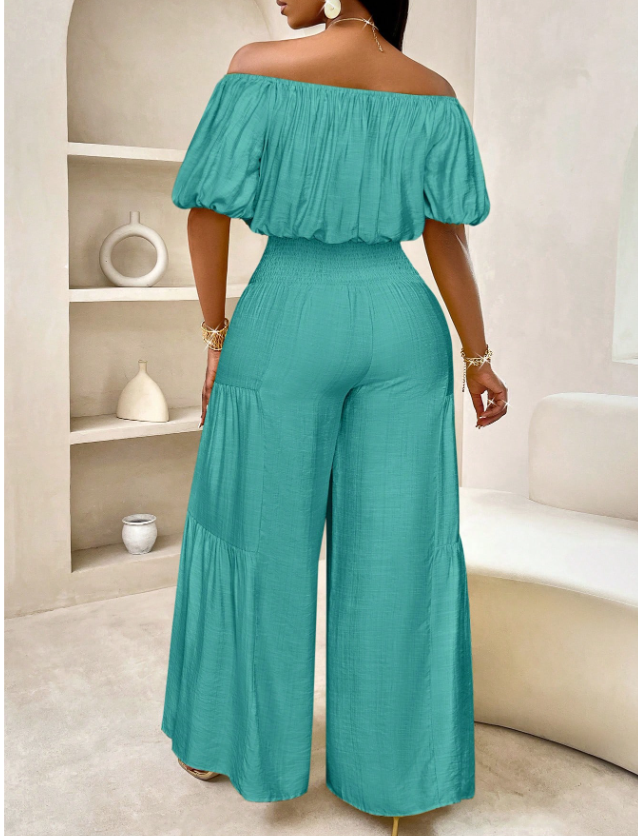 Summer Beach Vacation Style One-Shoulder Puff-Sleeved Ruffled Strapless Crop Top & Wide Leg Pants Set For Summer