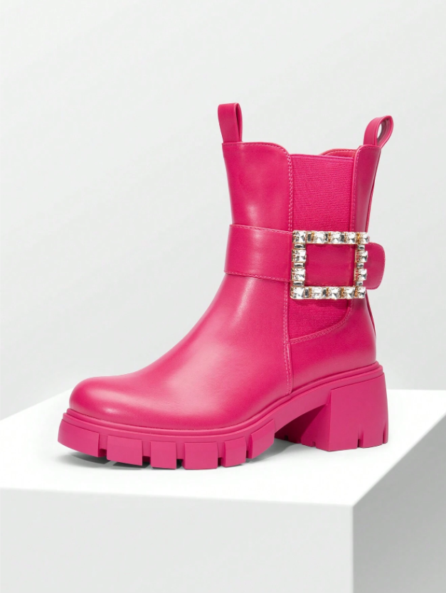 Women's Ankle Boots Rhinestone Buckle Chelsea Boots With Pull Tabs