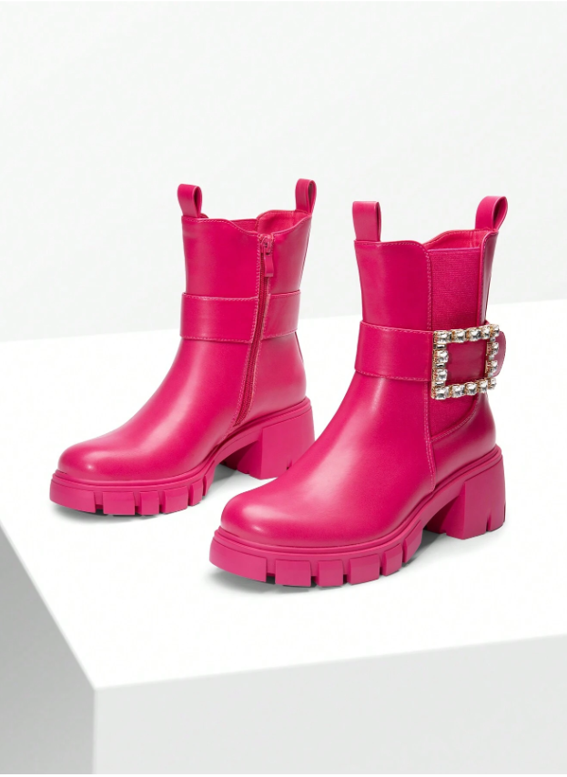 Women's Ankle Boots Rhinestone Buckle Chelsea Boots With Pull Tabs