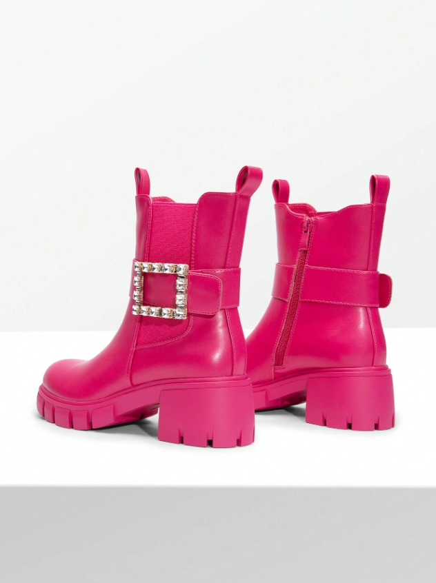 Women's Ankle Boots Rhinestone Buckle Chelsea Boots With Pull Tabs