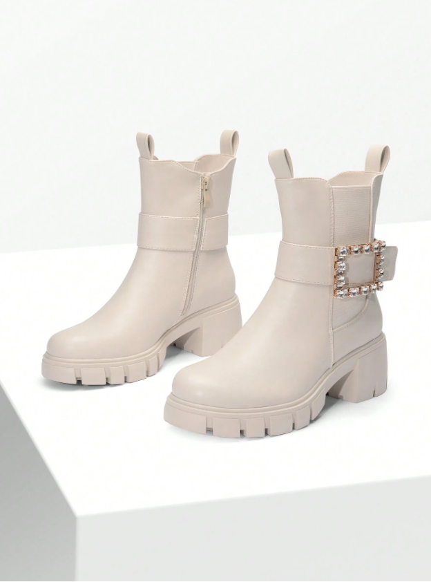 Women's Ankle Boots Rhinestone Buckle Chelsea Boots With Pull Tabs