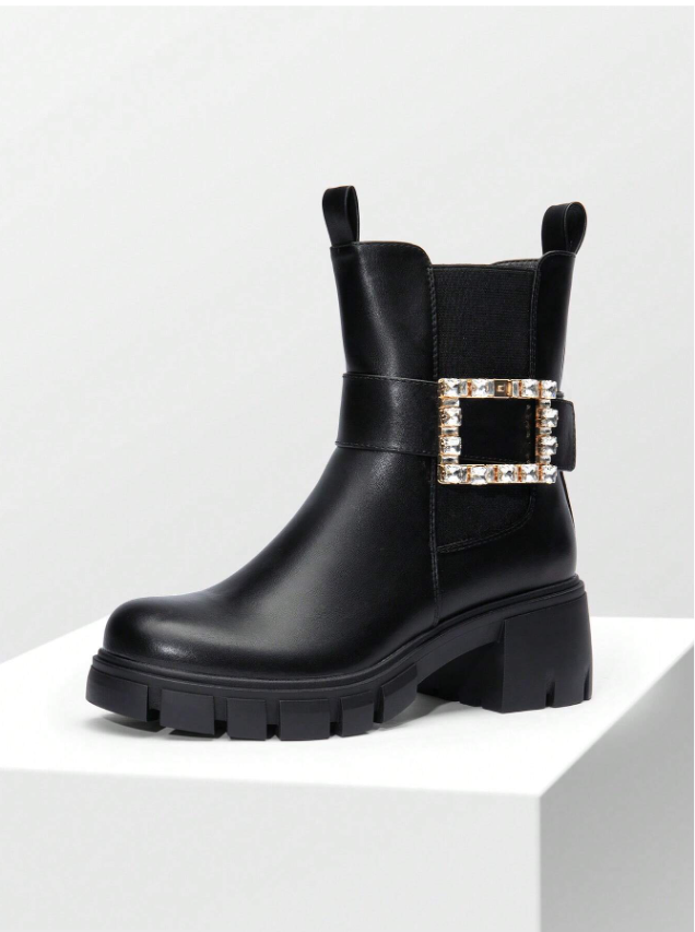 Women's Ankle Boots Rhinestone Buckle Chelsea Boots With Pull Tabs