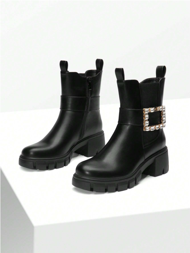 Women's Ankle Boots Rhinestone Buckle Chelsea Boots With Pull Tabs